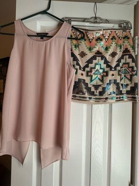 Express Blush Pink Tank Top with Cream Sequin Aztec Mini Skirt